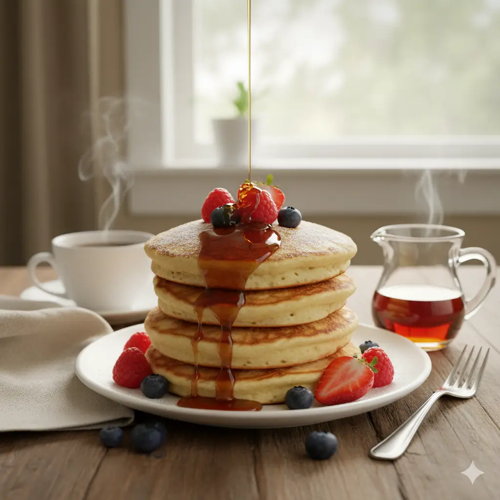Morning Fluffs signature fluffy pancakes with maple syrup and fresh berries at Fluff and Crunch in Warman, SK